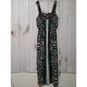 Angie Maxi Dress Womens 1X Black Green White Sleeveless Beaded Boho Festival